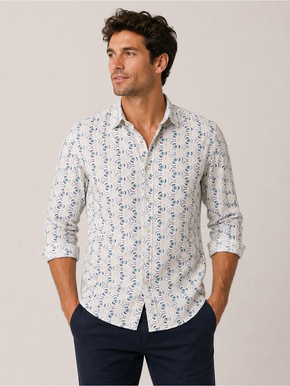 Sisley Linen Blend Geometric Print Button Down Shirt XL Regular Fit